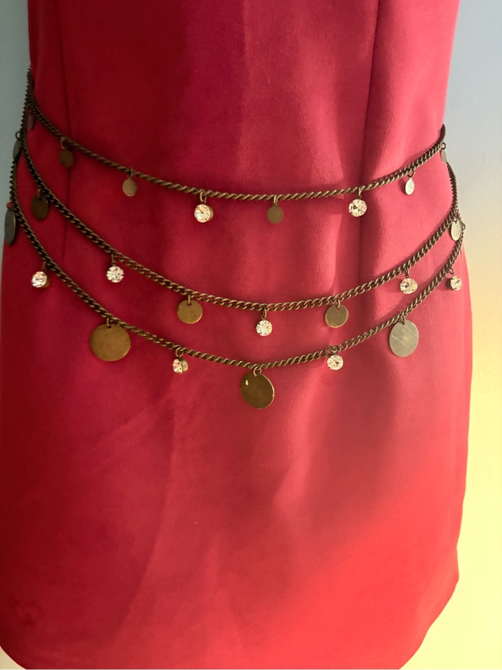 Multi-strand Coin Rhinestone Chain Waist Belt Antique Bronze 40” Belly Dancer